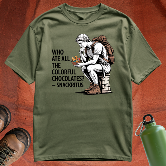 'Who Ate All the Colorful Chocolates? - Snackritus' - T Shirt
